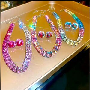 Sparkling Multicolor Pink Ombre or White Crystal Necklace and Earring Sets
